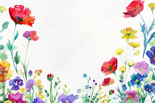 Colorful watercolor wildflowers on white background. A delicate and vibrant array of watercolor wildflowers bloom across the scene  showcasing a variety of colors and forms on a pure white backdrop