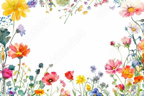 Colorful watercolor wildflowers on white background. A delicate and vibrant array of watercolor wildflowers bloom across the scene, showcasing a variety of colors and forms on a pure white backdrop