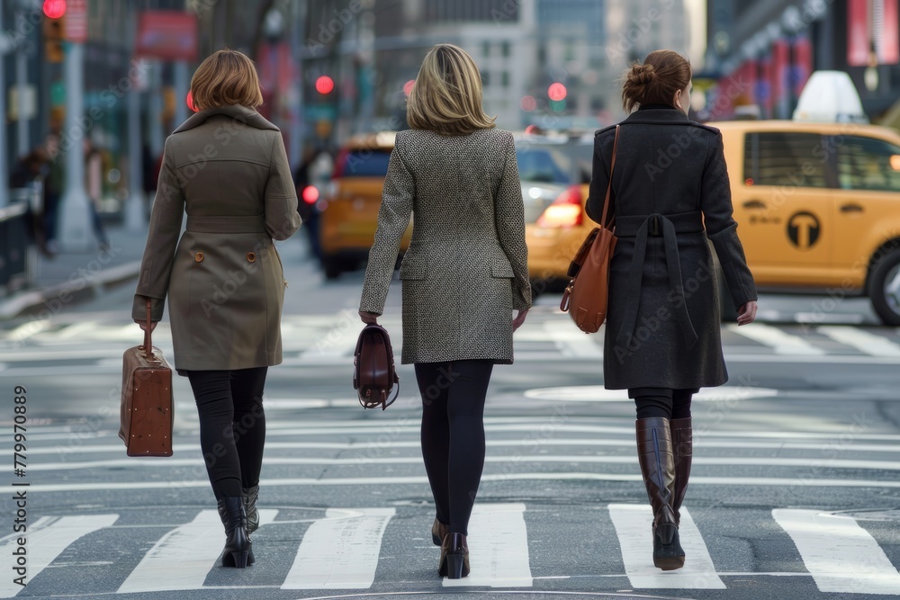 Morning Commute in the City. Three businesswomen walking to work in a bustling cityscape. Morning Commute in the City. Three businesswomen walking to work in a bustling cityscape.