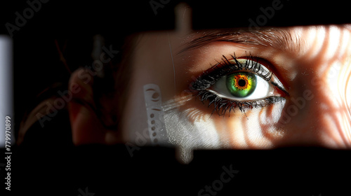 Intense Gaze from a Woman's Green Eye in Dramatic Light