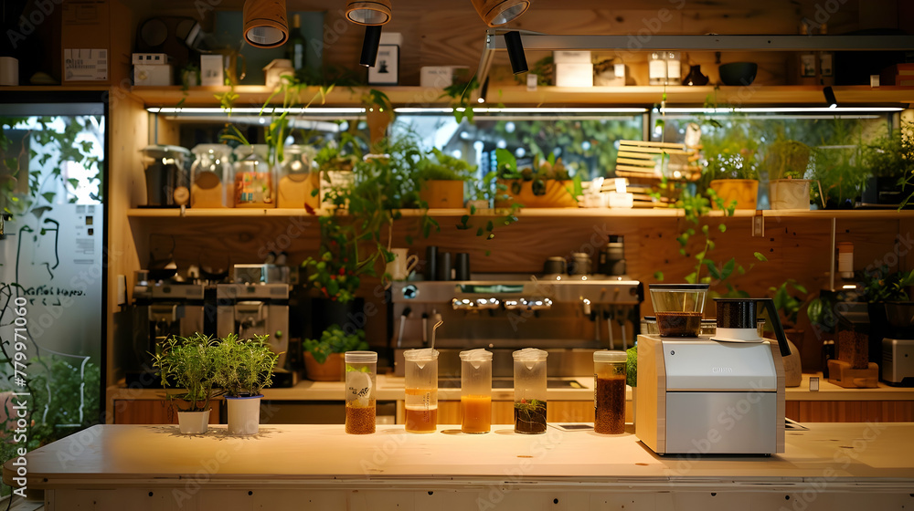 A cozy, sustainable cafe setting filled with indoor plants, offering a variety of fresh coffee beverages.
