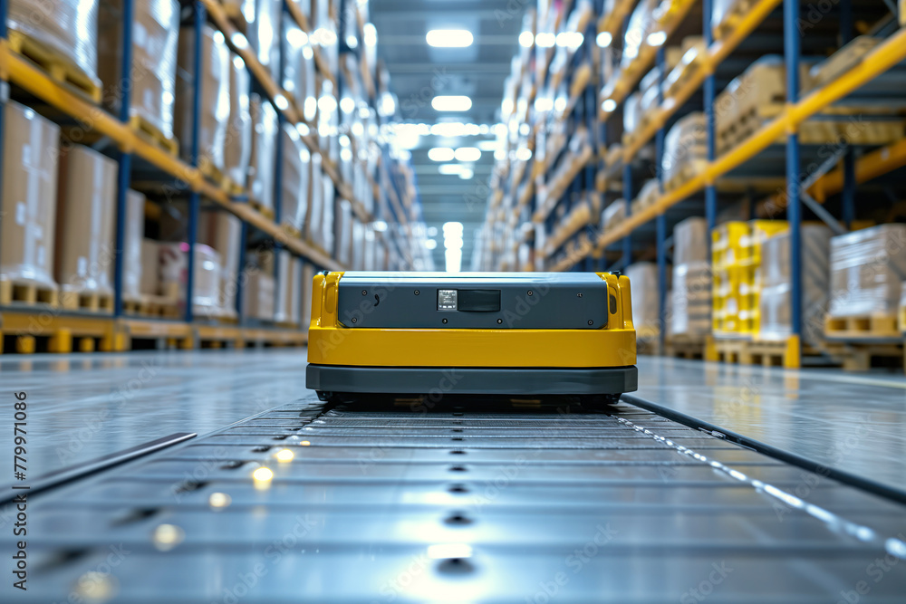 An automated guided vehicle robot is used to transport logistic items in warehouses Generative AI
