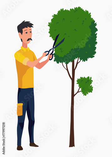 Professional gardener trimming plant with hedge trimmer. Man working in backyard. Colored flat vector illustration of worker in uniform isolated on white background
