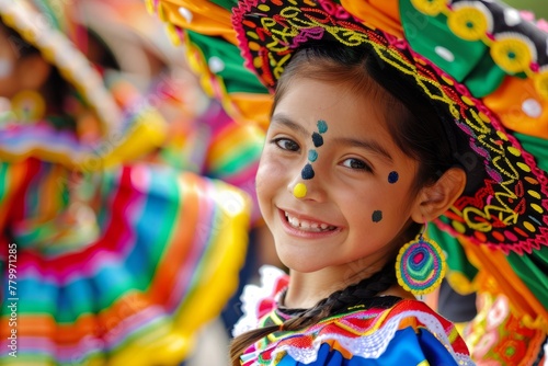 Child in Traditional Dress for Cinco de Mayo. Young girl with joyful expression wearing a vibrant, traditional Mexican dress and face paint