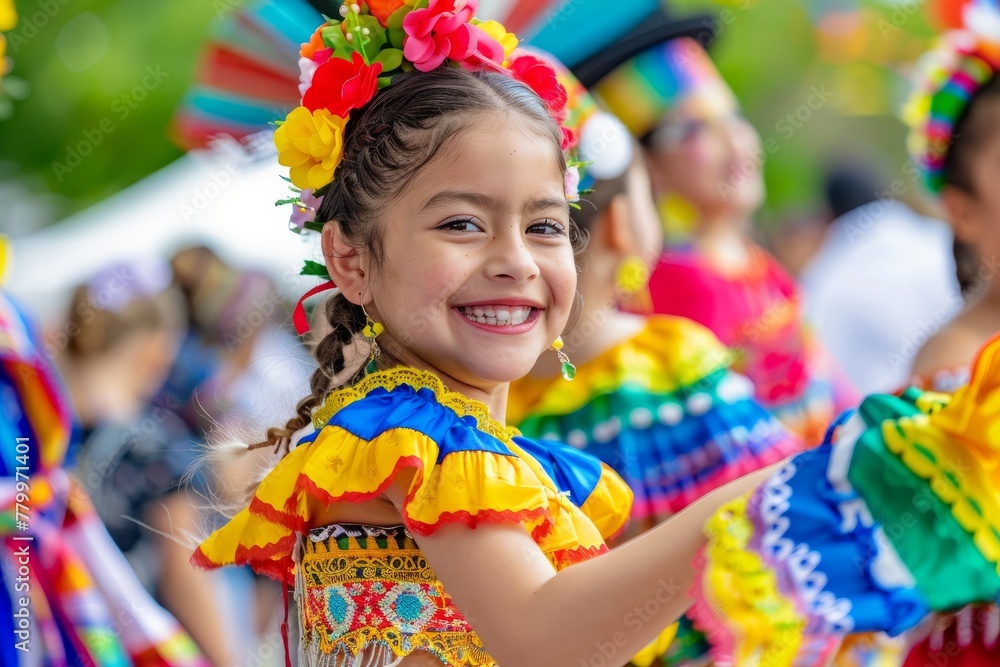 Child in Traditional Dress for Cinco de Mayo. Young girl with joyful expression wearing a vibrant, traditional Mexican dress and face paint Child in Traditional Dress for Cinco de Mayo. Young girl with joyful expression wearing a vibrant, traditional Mexican dress and face paint