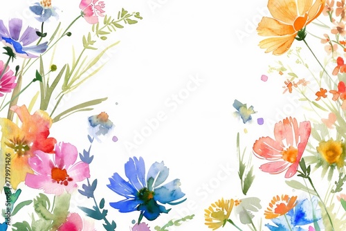 Colorful watercolor wildflowers on white background. A delicate and vibrant array of watercolor wildflowers bloom across the scene  showcasing a variety of colors and forms on a pure white backdrop