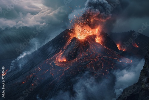 A volcano erupting with red-hot lava flowing down its slopes, surrounded by pools of molten lava