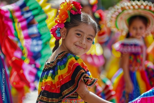 Child in Traditional Dress for Cinco de Mayo. Young girl with joyful expression wearing a vibrant, traditional Mexican dress and face paint