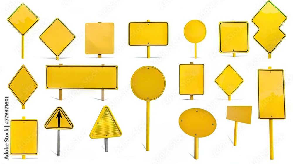 Collage of different yellow blank road signs on white, offering space for custom messages. Perfect for road safety campaigns Collage of different yellow blank road signs on white, offering space for custom messages. Perfect for road safety campaigns