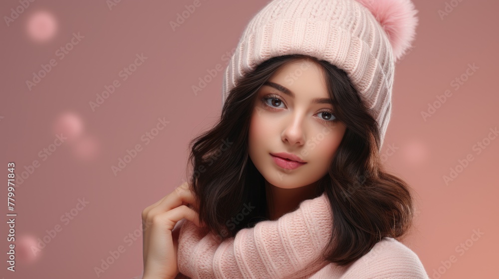 Elegant Woman in Stylish Pink Winter Hat and Scarf Elegant Woman in Stylish Pink Winter Hat and Scarf