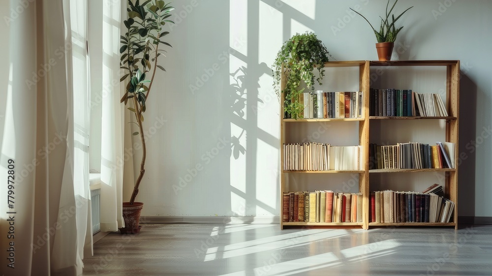 Hardcover books on wooden shelf near white wall, creating a cozy reading nook. Perfect for book lovers! Hardcover books on wooden shelf near white wall, creating a cozy reading nook. Perfect for book lovers!