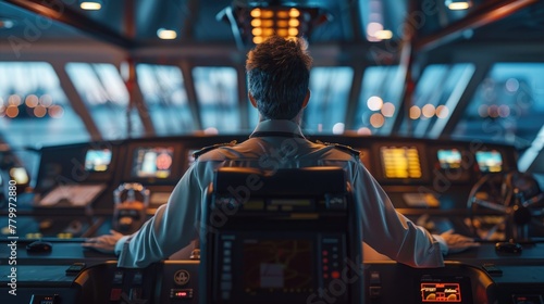 Futuristic Spaceship Bridge Commander Overseeing Navigation Panel