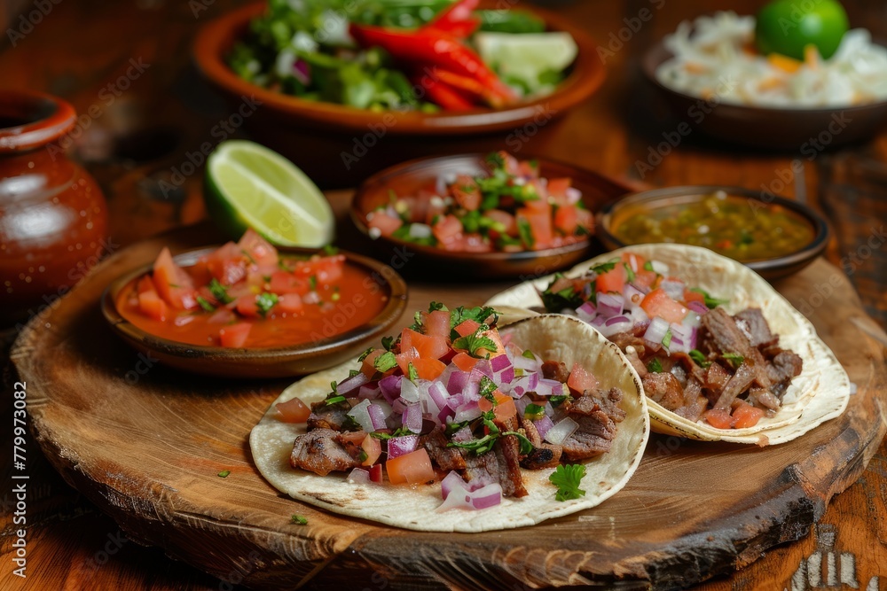 Authentic Mexican Tacos on Rustic Wooden Platter. Corn tortilla tacos with grilled steak, fresh pico de gallo, lime and sides on a rustic wood slice. Authentic Mexican Tacos on Rustic Wooden Platter. Corn tortilla tacos with grilled steak, fresh pico de gallo, lime and sides on a rustic wood slice.