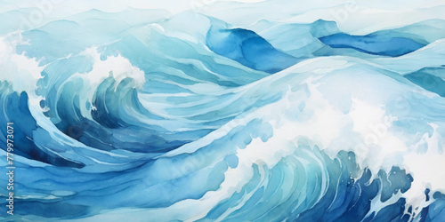Watercolor surface ocean water wave, seamless blue water ocean wave background. Blue water ocean surfing wave. © Vactor Viky