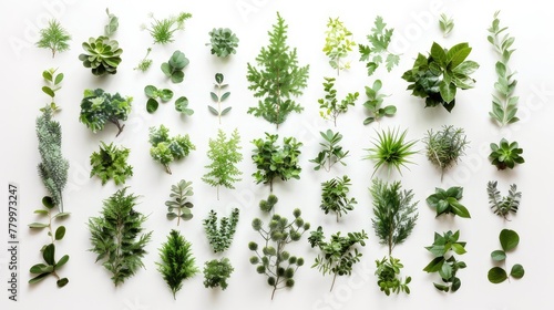 Various green trees and plants on white background, symbolizing lush foliage and botanical diversity