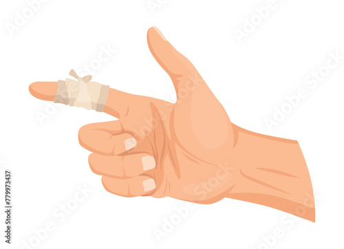 Hands injured skin and procedures of bandaging. First aid for wound. Medicine cure or treatment. First emergency help for human hand trauma