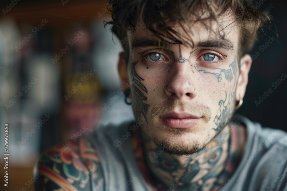 Portrait of a young caucasian male tattoo artist in studio
