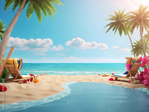 Beach travel summer holiday vacation concept background design with copy space, 3d rendering