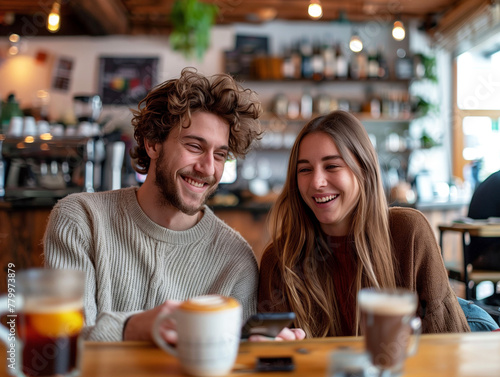 Happy Couple Laughing Together in a Cozy Cafe.