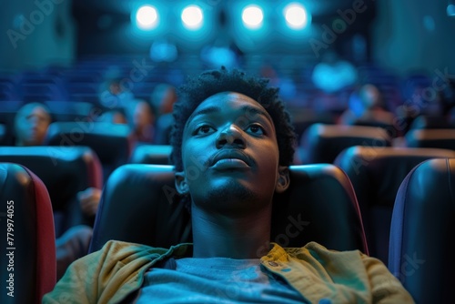 Portrait of a young man watching a movie in the cinema photo