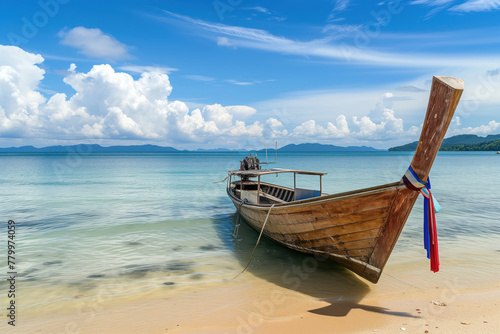 Traditional long tail wooden boat on tropical seascape beach at ocean AI Generative © ungvar