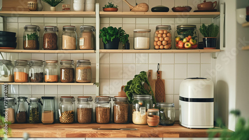 Organized Kitchen Shelves with Healthy Food Ingredients.