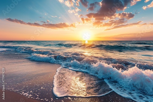 Fototapeta Naklejka Na Ścianę i Meble -  Soft sea waves with white foam and bubbles on the beach with sunset sky background. Scenery sea landscape. Empty tropical ocean horizon, colorful sunrise scenic coast, exotic shore. Summer vacation
