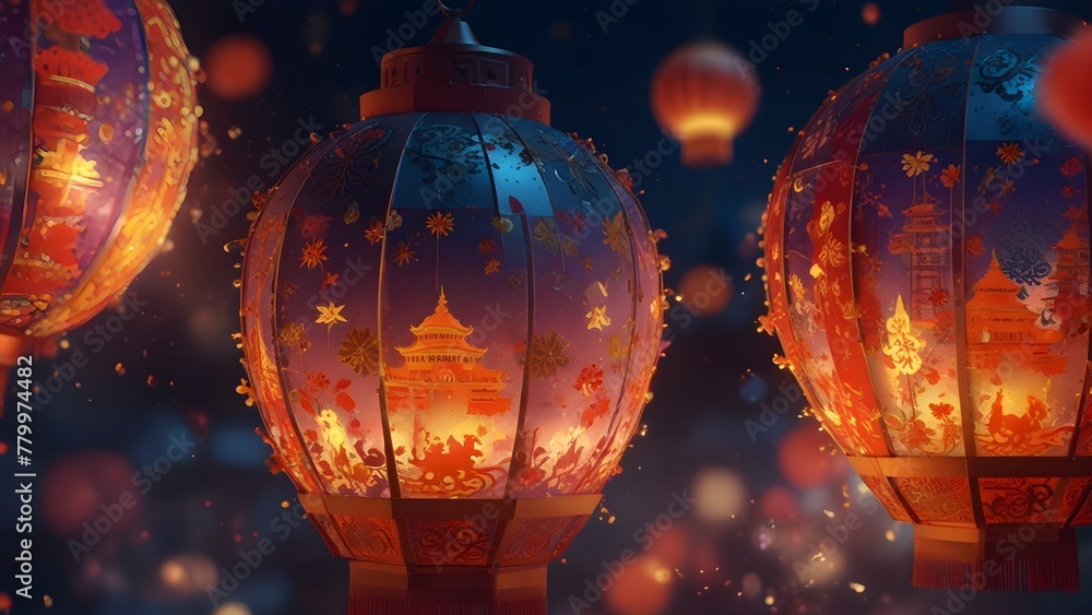 Illuminated Chinese lanterns glowing at night Illuminated Chinese lanterns glowing at night