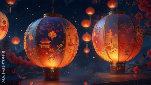 Illuminated Chinese Lanterns Against a Twilight Sky