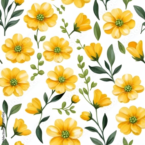 Seamless pattern of yellow flowers with green leaves on a green background