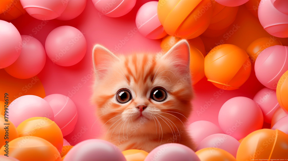 Small Curious Kitten on Peach Fuzz Color of the Year Background Small Curious Kitten on Peach Fuzz Color of the Year Background