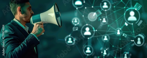 Businessman holding a megaphone with glowing social media icons and people symbols on a dark green background, concept of marketing promotion, advertising or community management work. photo