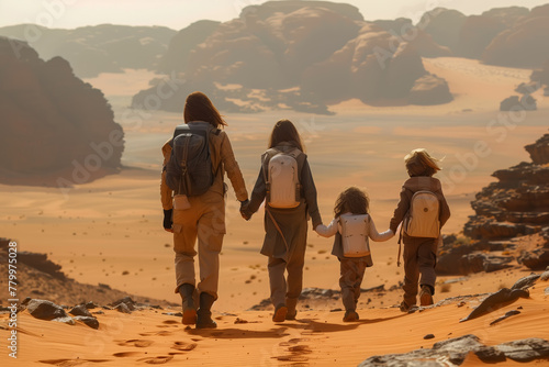 A group of people walk across a barren desert landscape, a family colonizing Mars