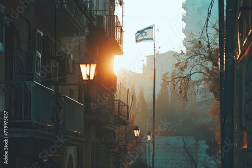 Israeli Flag Overlooking Jerusalem Cityscape. The Israeli flag proudly waves with a backdrop of Jerusalem's iconic skyline and the Dome of the Rock at sunset photo