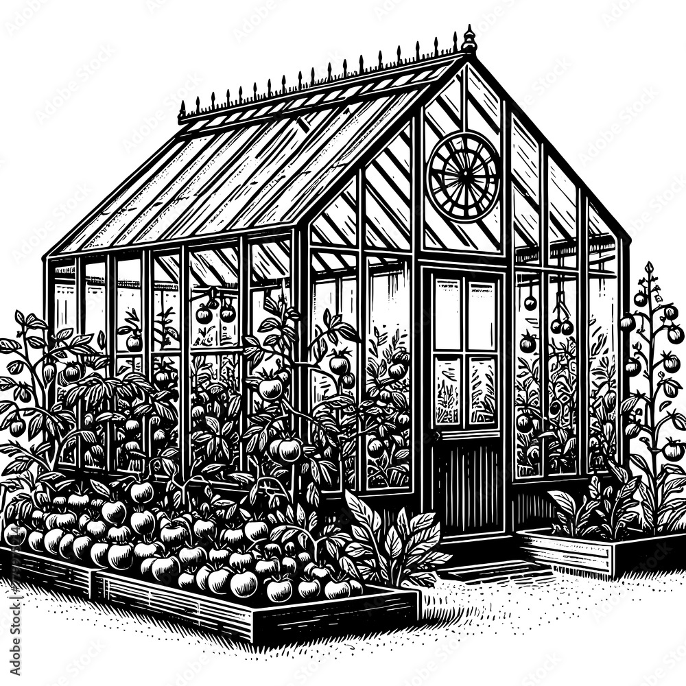 Fototapeta premium Greenhouse tomatoes Engraved Illustration PNG