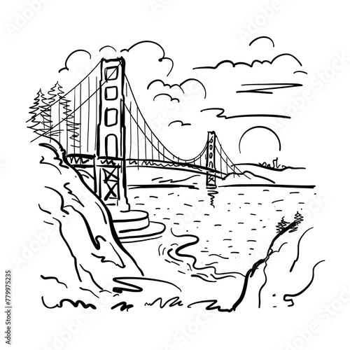 Golden Gate Bridge across the strait. San Francisco. Black and white illustration in doodle style