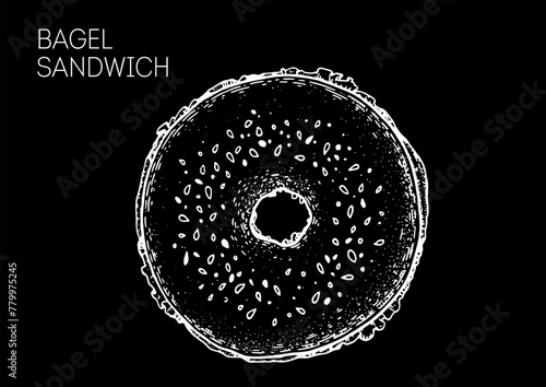 Lox bagel sandwich sketch. Hand drawn vector illustration.