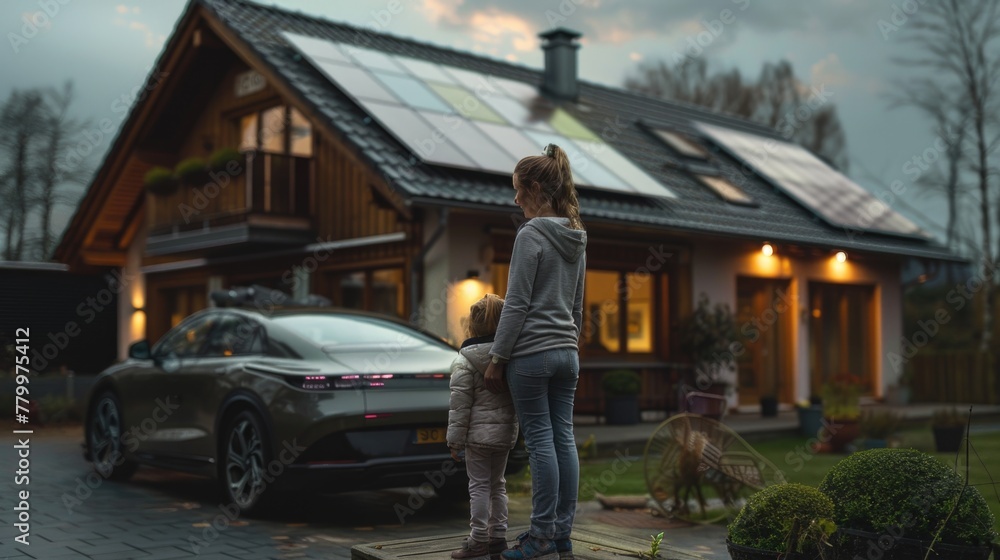Mother and Child Admiring Modern Home with Electric Car at Dusk