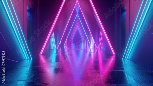 3d render triangular tunnel graphics with ultraviolet neon glowing lines background. AI generated