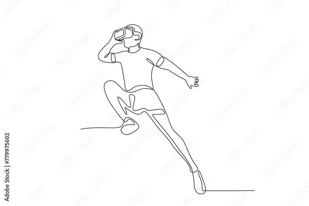 Long jump athlete using VR.Future athletes one-line drawing Long jump athlete using VR.Future athletes one-line drawing