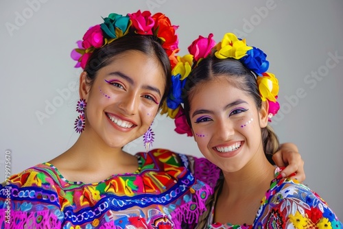 Laughter and Color: Mexican Joy. Two girls in vibrant Mexican attire share a joyful moment