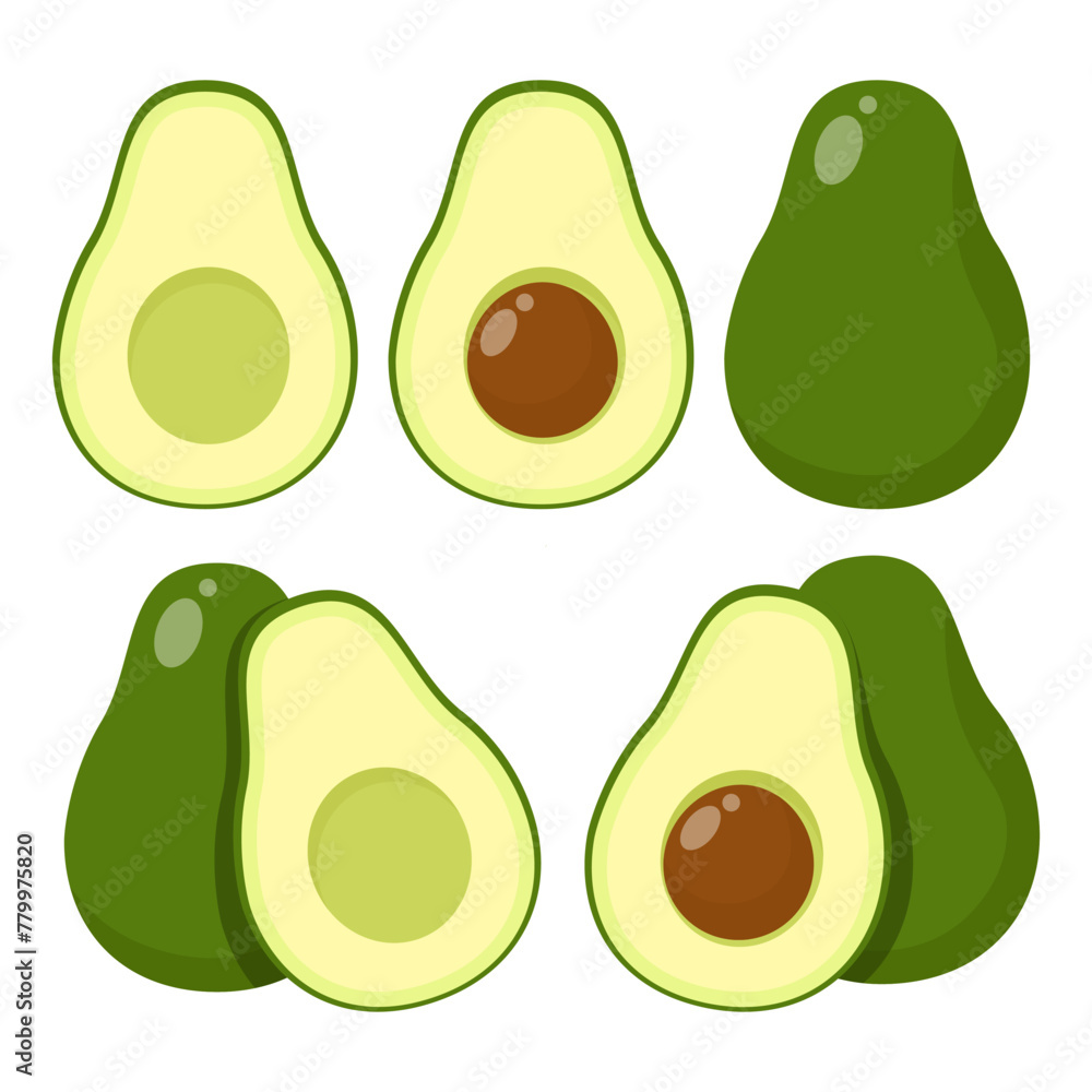 Set of cut and whole avocados Set of cut and whole avocados