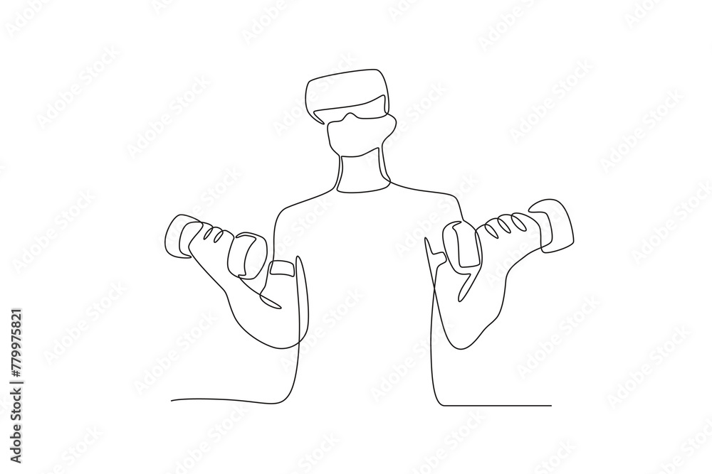 Athletes who are lifting barbells using VR.Future athletes one-line drawing Athletes who are lifting barbells using VR.Future athletes one-line drawing