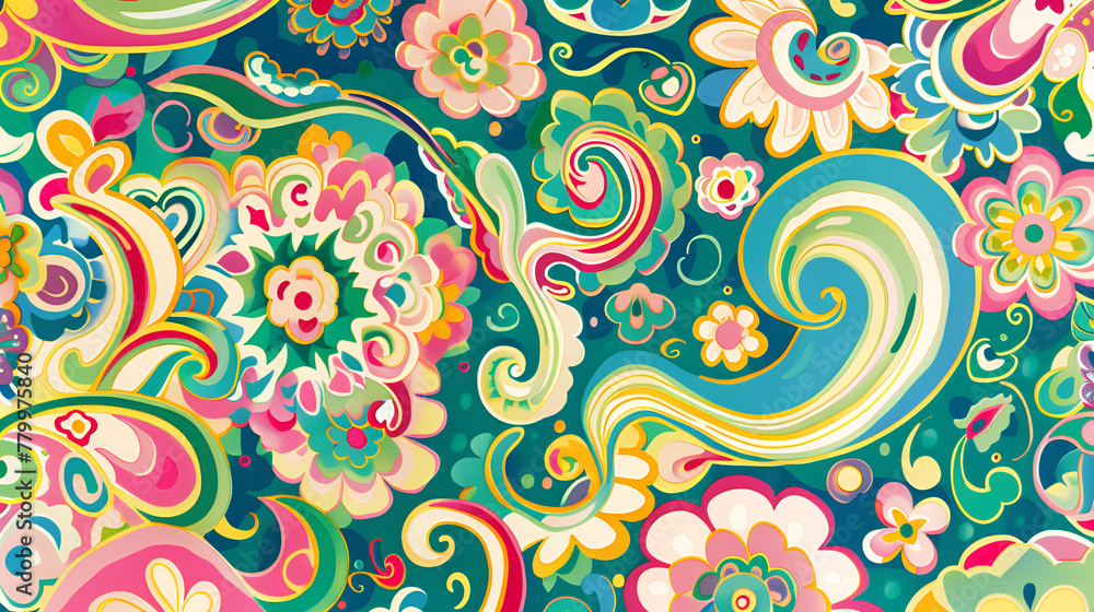 **create groovy 70's pasley wallpaper illustration of greens, blues, pinks, whites, yellows seemless patterns --ar 16:9** - Image #1 <@1210533910359052372>