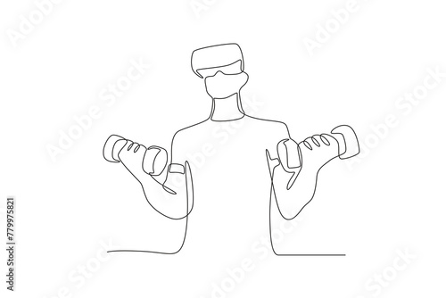Athletes who are lifting barbells using VR.Future athletes one-line drawing