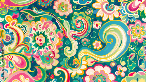 **create groovy 70's pasley wallpaper illustration of greens, blues, pinks, whites, yellows seemless patterns --ar 16:9** - Image #1 