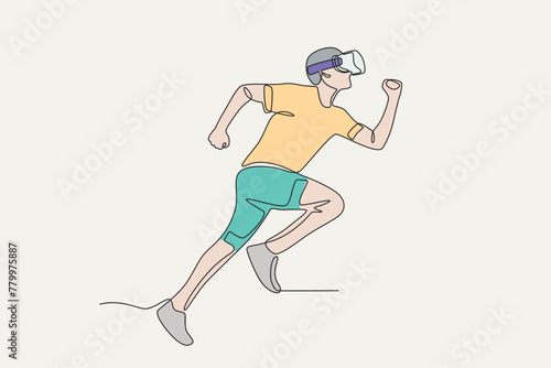 Running athlete using vr glasses.colored.Future athletes one-line drawing