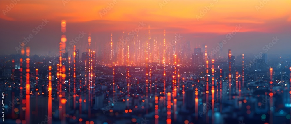 Cityscape at Dusk with Falling CO2 - Eco Progress Concept. Concept Cityscape Photography, Dusk Atmosphere, Environmentally Friendly, Eco Progress Concept, CO2 Reduction