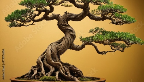 Isolated mature bonsai tree with intricate branches and green leaves  a symbol of patience and meticulous care