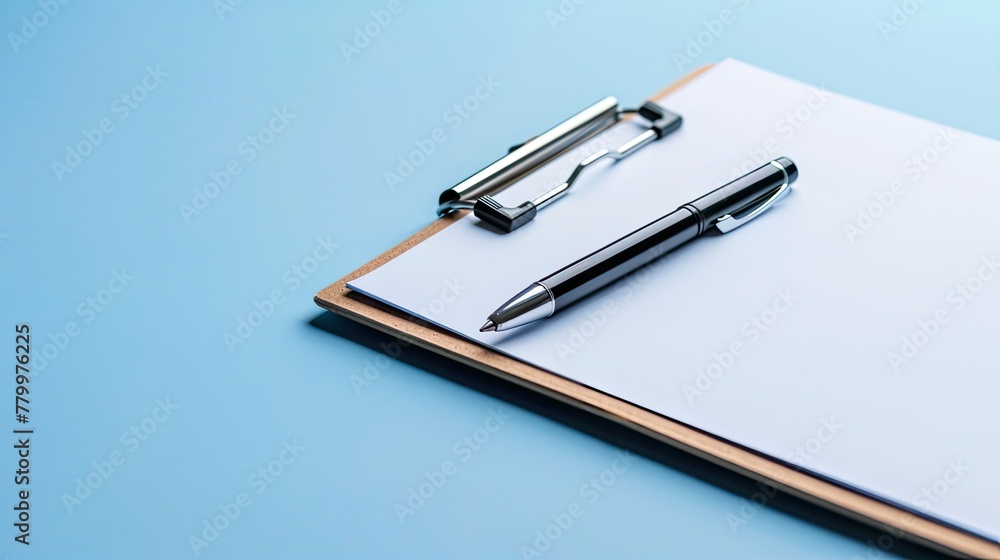 Top view of office supplies - pen, clipboard, and paper - on light blue, perfect for productive workspaces. Space for text. Top view of office supplies - pen, clipboard, and paper - on light blue, perfect for productive workspaces. Space for text.